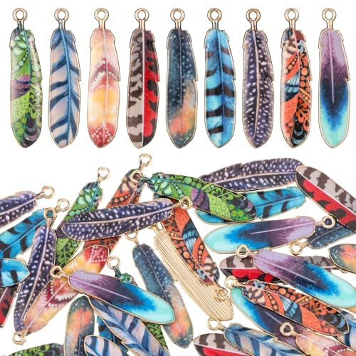 Aeaocvo 36 PCS Feather Charms for Jewelry Making, Bohemian Charms 9 Styles Enamel Feather Pendants for DIY Necklaces, Bracelets, Earrings, Dream Catcher Supplies