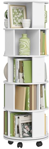 Hzuaneri Bibliotheque, Bibliothèque Rotative, Étagère de Rangement 5 Niveaux, Étagère Moderne avec roulettes Fixes, pour Salon, Bureau 45 x 45 x 161,5 cm Blanc BC54003X