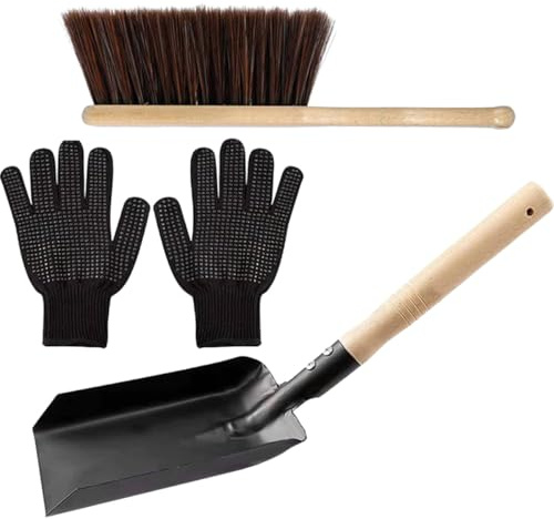 Beavorty Set de Herramientas para Limpieza de Chimenea Pala para Carbón y Cepillo Mango de Madera Natural, Guantes de Protección Térmica de Silicona, para Uso Doméstico en Estufas de Leña