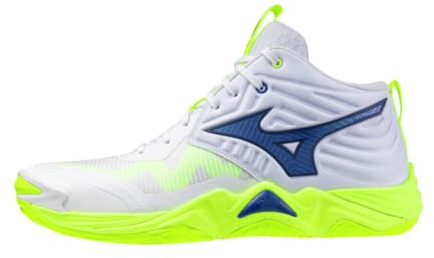 Mizuno Wave Momentum Elite Mid, Chaussures de volley-ball Unisexe, Blanc Bleu Jaune Fluo,, Blanc, 44 EU