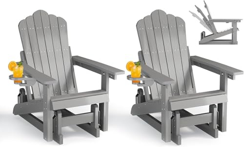 BIXUYOU Silla Adirondack con Respaldo Ajustable, Mecedora de Patio con Efecto Madera y portavasos, Ideal para Exteriores, con Mecanismo de balanceo Suave y Capacidad de Peso de 200 kg.