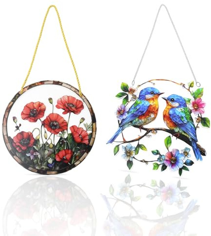JASFLY 2 Stück Sonnenfänger, Bunter Fensterdeko Hängend, Sonnenfänger Fenster mit Buntem Glas-Effekt Kolibri und Blume für Fenster, Terrasse, Wand, Haus und Garten