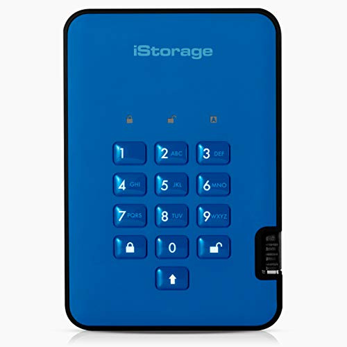 iStorage diskAshur2 HDD 3TB Blue - Secure portable hard drive - Password protected - Dust & water resistant - Hardware Encryption
