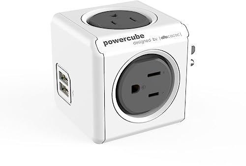 Allocacoc PowerCube Original USB; 4 Outlets Surge Protector 2 USBs Cubic Multi Socket Extender Power Tab Space Saving Compact No Blockage Dorm Home Office 125V 15A 1875W Max Grey