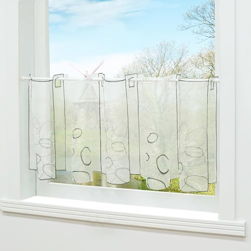 HongYa Scheibengardine aus Voile mit Tunnelzug und Blumenstickerei | Grau, H/B 45/128 cm, lichtdurchlässig, pflegeleicht, Rüschenkante und Wellensaum, dekorativ für Küche und Kleinfenster
