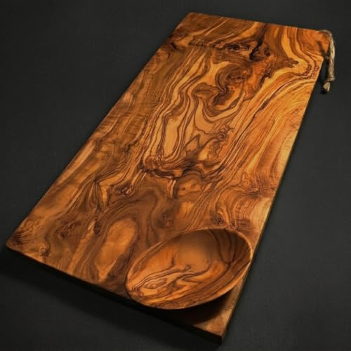 What the Art!® Olive Wood «Karo» Gr. L | Olivenholz Schneidebrett inkl. Dip-Schälchen | Handarbeit | 35 x 16 x 2 cm | Käsebrett - Hackbrett - Tranchierbrett - Servierbrett
