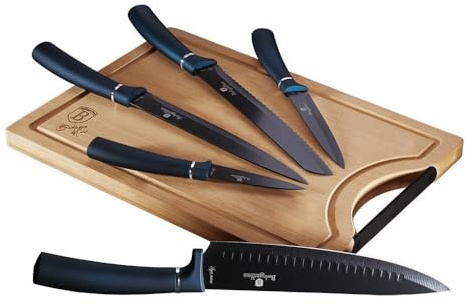 BerlingerHaus Haus Aquamarine 5er Set Profi Küchenmesser, Bambus Schneidebrett, Edelstahlklinge Antihaftbeschichtung, Kochmesser Brotmesser Tranchiermesser BH-2553 Marineblau