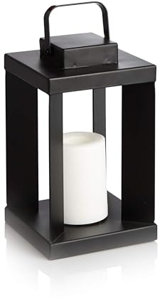Alfresia Battery Operated Lantern – Indoor and Outdoor Lamp with Flickering Candle Effect, Garden Hanging Light, Weatherproof, Black, 25.5cm, Requires 2X AA Batteries