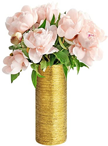 Belle Vous Gold Geätzte Hohe Vase für Pampasgras, Blumen- und Pflanzen – 9,4 x 29,5 cm – Deko Vase für Zuhause, Tisch, Hochzeit, Weihnachten und Bürodekoration – Keramik Vase für Freunde und Familie