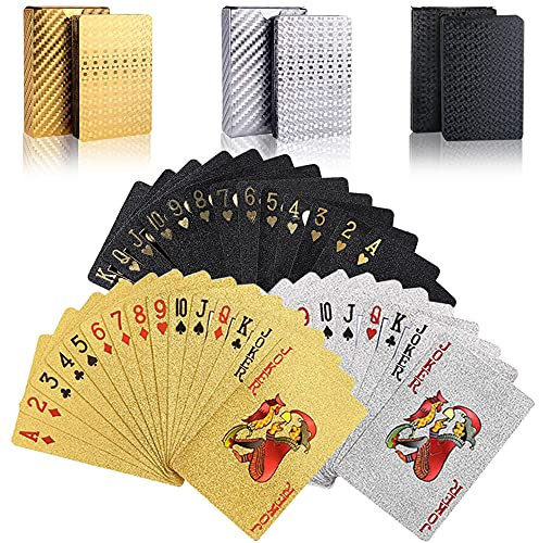 wdede 3 Mazzi Carte da Gioco, Plastica Impermeabile Carte da Poker, Strumento per Trucchi magici Classici, Oro, Argento e Nero Mazzo di Carte per Carte da Poker Giocatori Family Party BBQ Game 3 PCS