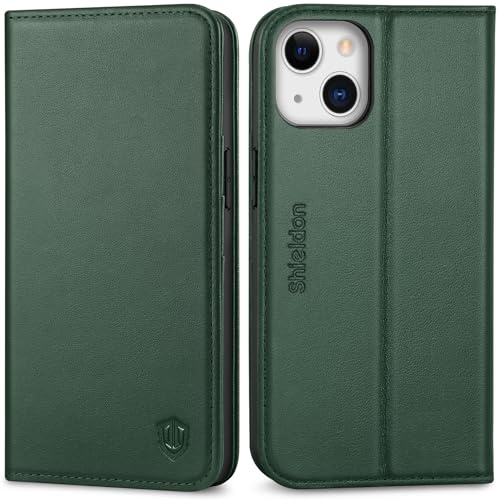SHIELDON Custodia in Vera Pelle per iPhone 13 6,1 2021, Verde Notte | Antiurto, Cover a Portafoglio, Slot Schede, Blocco RFID, Cavalletto, Protezione Completa, Flip Magnetica