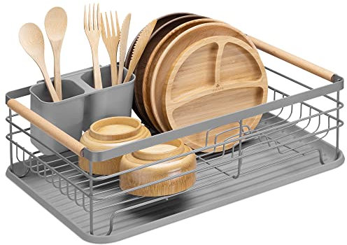 Navaris Cestello Scolapiatti con Manici Vassoio Anti Sgocciolamento - Rastrelliera Asciuga Posate 42,5x31,5x14cm Scola Piatti da Appoggio Cucina Grigio