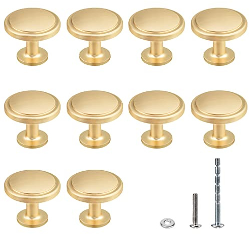 WEAVERBIRD Gold Door Handles 10PCS Cabinet Knobs 30MM Zinc Alloy Single Hole Drawer Kitchen Handles with Screws Round for Cupboard Wardrobe Furniture Brushed Brass Knobs
