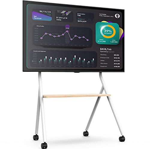 FITUEYES Mobiler TV Ständer Rollbar, TV Stand für 55 60 65 70 75 78 Zoll Fernseher bis 45kg, Höhenverstellbar TV Standfuss mit Metallstruktur & Holzablage, Collector Serie