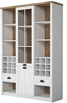Buffetschrank Provence W2D2S, Vitrinenschrank, Küchenschrank, Wohnzimmer Highboard Schrank, Anrichte, Buffet Schrank (Kiefer Andersen/Eiche Lefkas Dunkel, mit weißer LED Beleuchtung)