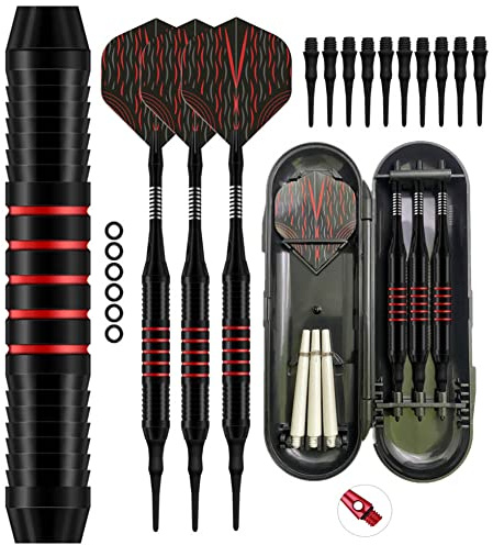 BAOZOON Plastic Tip Darts Set - Soft Tip Darts for Electronic Dart Board - Aluminum Shafts with O'rings, Extra Dart Wing + Dart Shaft + Dart Barrel + Spare Rod,Red
