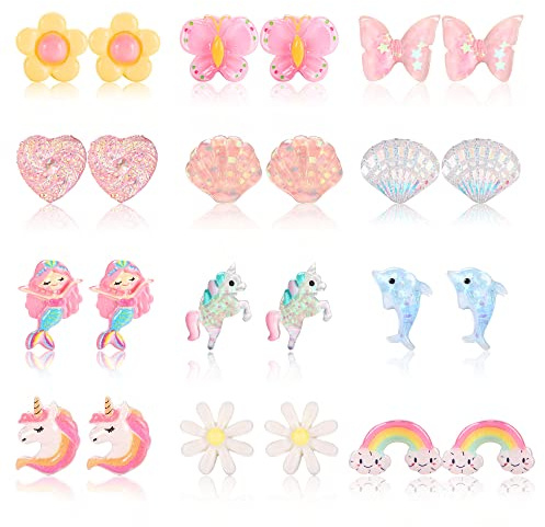 YADOCA 12 Paires Boucles d'oreilles Clip Enfants Filles Boucles d'oreilles Coeur Fleur Papillon Dauphin Arc-en-ciel Princesse Boucle Oreille Sans Trou Kit Bijoux Cadeau