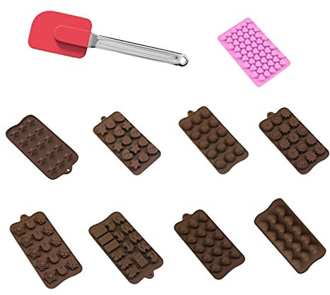 INTIRILIFE Set da 10 pezzi con vari stampi da forno in silicone e spatola - Per la cottura e la preparazione di dolci e cioccolatini