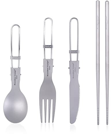 iBasingo Juego de cubiertos para acampar de titanio, cuchillo plegable de tenedor, cuchara de 2 secciones, palillos de viaje al aire libre, portátil, vajilla pequeña y ligera, para viajes de negocios,