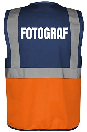 Fassbender-Druck WARNWESTEN - Sicherheitsweste NAVY/ORANGE mit Taschen und Reißverschluss nach EN ISO 20471 zertifiziert - Warn Weste für FOTOGRAF - Unisex mit hochwertigem Reflektorstreifen