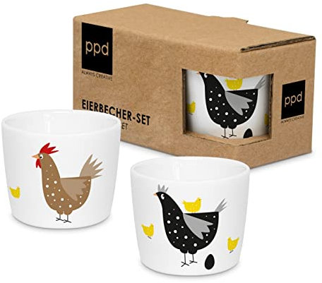 ReWu Eierbecher Breakfast Geschirr Hühner Motiv 2er-Set Porzellan Eierhalter Eierständer Ostern Tischdekoration Frühstücksgeschirr Geschenkidee