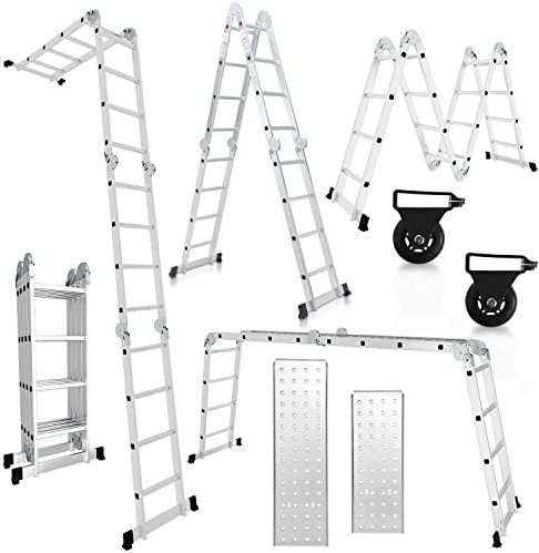 Herrselsam Scala multiuso 4 x 4, 7 in 1, 470 cm, in alluminio, con 2 piattaforme e ruote, portata massima 150 kg, scala multifunzione 16 pioli (DY8972-M-1x)