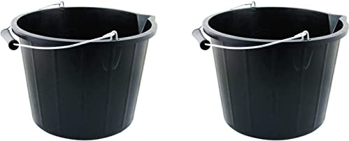 Set of 2 - Black Plastic Builders Bucket 3 Gallon 14 Litre Water Mixing Storage Strong with Handle and Spout Contractors Bucket Ideal for Construction Trade DIY Animal Feed Made in U.K.