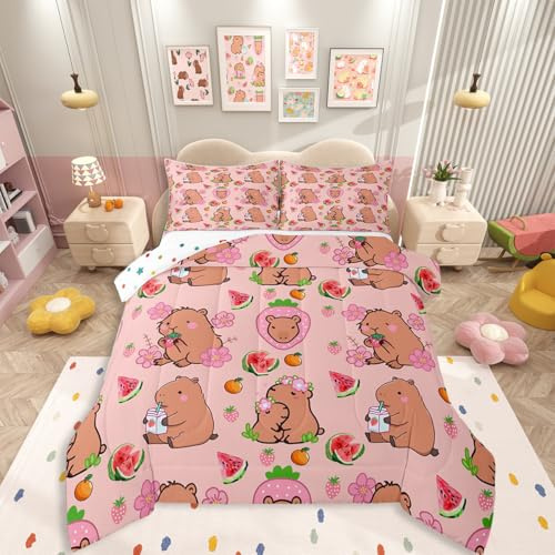 Capybara Lover Bedding Set, Capybaras Decor Comforter Set Full For Kids Girls Bedroom, Cartoon Rodent Animals Quilted Duvet Capybara Decorations Watermelon Strawberry Duvet Insert Kawaii Decor, Pink
