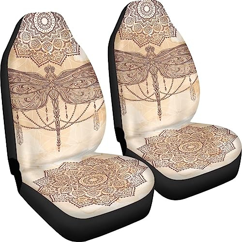 Poceacles Mandala Blumen Libellen-Druck 2 Stück Autositzbezüge Vorne Auto Sitzbezug, Auto Schalensitze Schutz Bezüge Universal passend für SUV Limousine Van