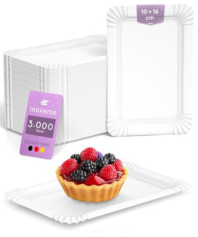 Inoverse Pappteller Eckig 3000 Stück, 10 x 16 cm, Kuchenteller Einweg | Weiß Umweltfreundlich, Einwegteller, Einweggeschirr, für Kuchenstücke, Grillwürstchen und Fingerfood, für Feiern Vereinsfeste