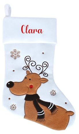 minimutz Nikolausstrumpf mit Namen Kinder - personalisierter Weihnachtsstrumpf zum Aufhängen & Befüllen - Nikolausstiefel weiß 45cm Rentier