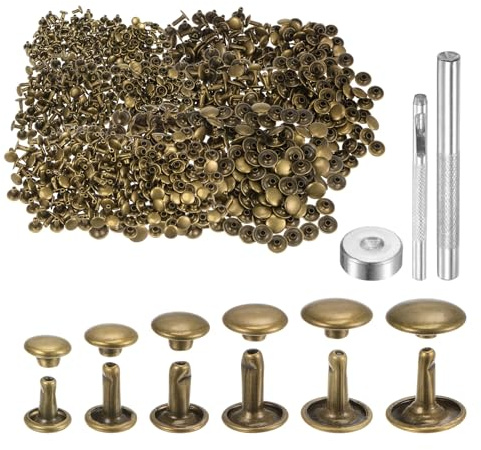 sourcing map 300 Sets Leather Rivets 6 Size Metal Double Cap Rivet Snaps Studs Fasteners with 3pcs Setting Tools Rivets for Leather Craft DIY Repair Decoration, Bronze