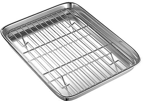 Dawafit 10 Inch Toaster Oven Tray and Rack Set, Small Stainless Steel Baking Pan with Cooling Rack,Dishwasher Safe Baking Sheet