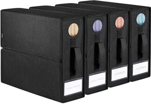 Voova 4 Pack Foldable Bed Sheet Organiser Storage, Folding Bedding Organizer Box with Clear Window and Zip for Sheets, Duvet Covers, Blankets, Pillows, Clothes and Towels(Queen & King Size), Black