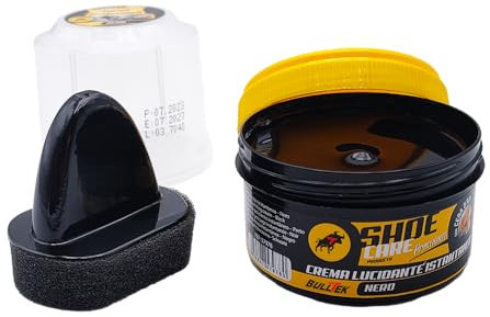 BullTek Sofortige Glanzcreme mit Schwamm, erneuert und belebt die Haut von Schuhen, Handtaschen, Stiefeln – selbstglättend zum Schutz und Glanz des Leders, Schwarz , 50 ml