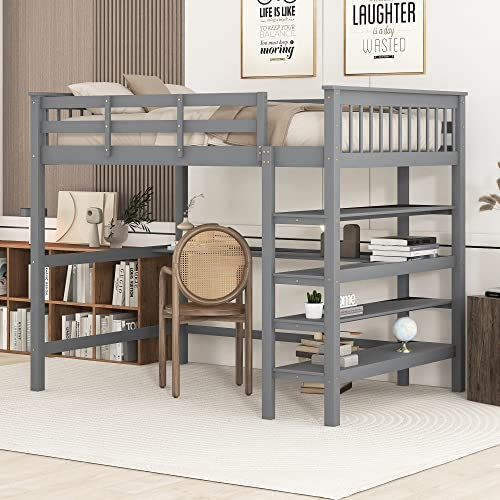 Etagenbett Kinderbett 140x200, Hochbett für 2 Kinder, Multifunktionsbett mit Ablagefächern&Schreibtisch&Fallschutzgitter&Lattenrost, Kinderhochbett Stockbett Hausbett Bettgestell, Massivholz, Grau