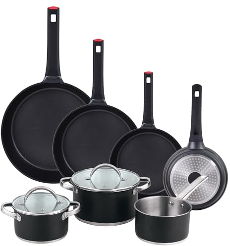 Batería de cocina 5pc Ø16Ø20Ø24 con tapas + Juego de sartenes Ø20Ø24Ø28Ø30 aluminio fundido San Ignacio
