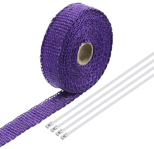QUARKZMAN Cinta de Fibra de Vidrio para Envoltura de Escape, 1 x 16' Envoltura de Calor Morada para Colectores con 4 Bridas de Acero Inoxidable para Hot Rods y Motocicletas