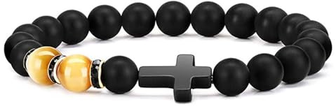 APMGONT Kreuz Armband Herren, Tigerauge Armband, Naturstein-Perlenarmband, Christliche Konfirmation Kommunion Ostern Geburtstag Geschenke, Schmuck Geschenke Für Männer (Helles Gelb)