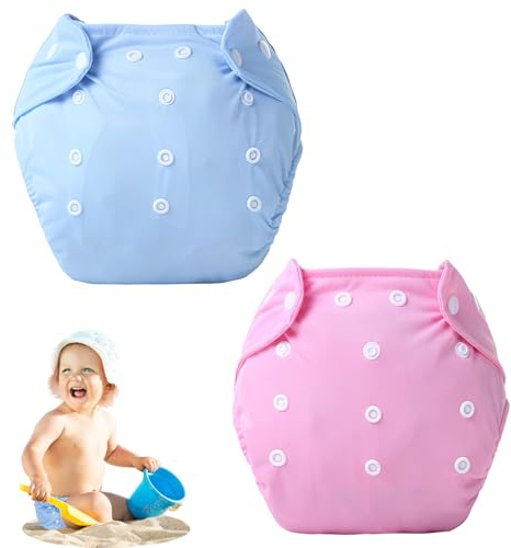 2 Pcs Swimming Nappy Reusable, Adjustable Washable Baby Swim Nappy Comfortable Swim Nappies for 0-3 Years Baby Boys& Girls for Swimming Lessons, Holidays (Blue & Pink)