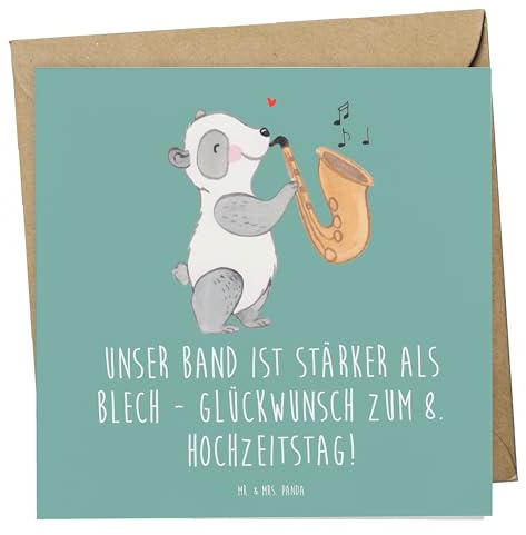 Mr. & Mrs. Panda Glückwunschkarte 8. Hochzeitstag Blechhochzeit - Geschenk, Geschenke, anlasskarte, Heirat, Klappkarte, romantische, Heiraten, Beständigkeit, Unser Band ist stärker als Blech