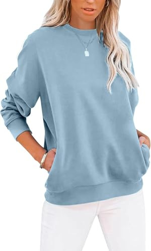 Cuptacc Sudadera Mujer sin Capucha Camiseta Mujer Cuello Redondo Manga Larga con Bolsillos T Shirt