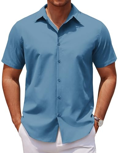 COOFANDY Herrskjorta Kortärmad Sommarskjorta Affärsskjorta Regular Fit Enfärgad Casual Skjorta Formell Casual Arbetsskjorta Bröllopsskjorta Grå Blå M