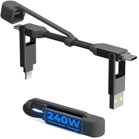 Rolling Square inCharge XS – 240W 4in1 Ladekabel Schlüsselanhänger, Typ-C Ladekabel Schnellladen, Universal Ladekabel USB C/Lightning/USB mit Metallgehäuse für Datenübertragung, N52 Magnete, Schwarz