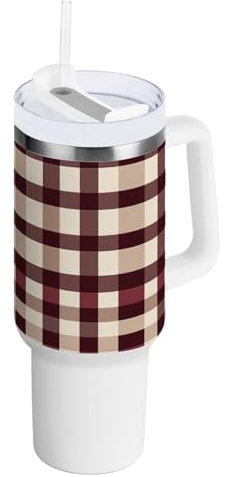 Squares - Vaso al vacío neutro borgoña de 40 onzas con tapa y pajilla, botella de agua con asa, taza de acero inoxidable reutilizable, regalo para mujeres y hombres