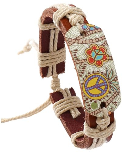 ATE Pulsera Bohemia de Cuero y Cuerda Diseño Peace Flores 1,2 cm de Ancho Longitud Ajustable Pulseras para Mujeres y Niñas B222