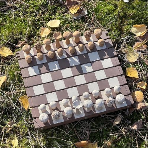Magnetisches Waldpilzschach, 2025 Neues Botanik-Brettspiel mit Naturthema, kreatives und tragbares rollbares Schachspiel aus Holz, Pilzfiguren for Erwachsene, einzigartiges Thema Camping in der Wildni