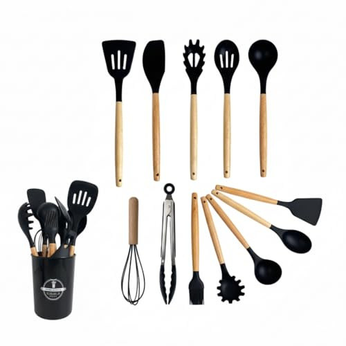Premium Silicone Kitchen Utensils Set with Holder, Stylish 12-Piece Cooking Set – Heat Resistant, BPA-Free, Nonstick Safe – Wooden Handles – Black