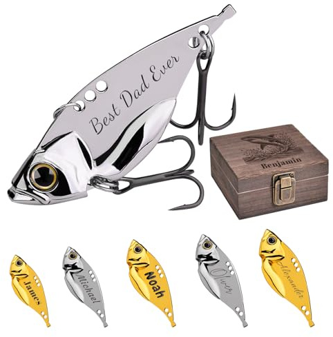 UIDMEN Personalisierte Metall-Köder mit Holzbox | VIB-Hartblattköder als Angelgeschenk für Väter & Angler | Gravur für Forelle, Zander und Barsch (Vatertag/Geburtstag)