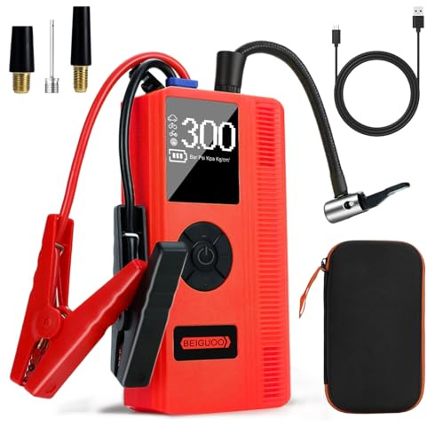 9 en 1 Arrancador de Baterias de Coche con Compresor de Air, 3000A Booster Bateria 12v, Arrancador de Coches Portatil con Inflador 150 PSI con Linterna LED (para 8L de Gasolina o 6L de Diésel)